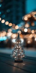 Mini silver tinsel Christmas tree glowing with lights in a bokeh-filled evening setting.