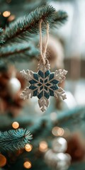 Glittery snowflake ornament hanging on a Christmas tree branch with warm bokeh in the background.
