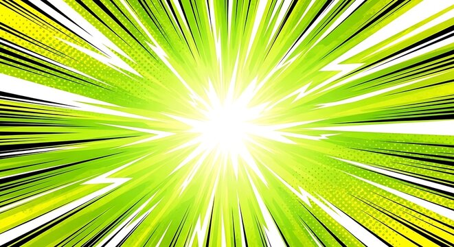 Green burst background with radial lines and halftone dots isolated on white background