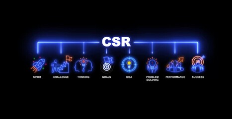 Glowing neon line banner of CSR concept with spirit, challenge, thinking, goals, idea, problem solving, performance and success icons on transparent background.