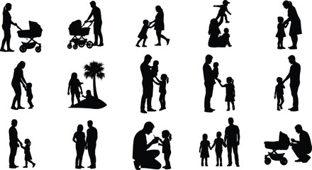 family, parents, children, silhouette, bonding, walking, playing, stroller, motherhood, fatherhood, care, childhood, support, parenting, togetherness