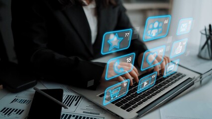 Icons representing social media interaction, communication, and engagement. Social media builds community, social media drives connection, and social media influences behavior. Marrow