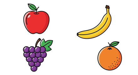 A colorful illustration depicts an apple banana grapes and orange