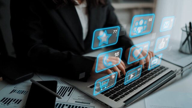 Icons representing social media interaction, communication, and engagement. Social media builds community, social media drives connection, and social media influences behavior. Marrow