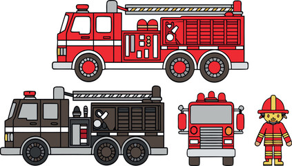 Fire Truck Ensemble: A captivating array of fire trucks and a firefighter, illustrated in vibrant colors, ideal for conveying themes of safety, rescue, and heroism.