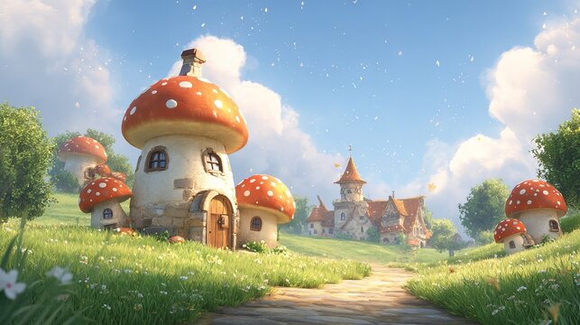 Whimsical mushroom village in sunny meadow with tiny fairy houses fantasy forest landscape illustration for children storybook and magical nature background