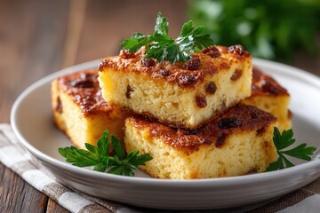 A close-up of a plate of homemade cake squares topped with parsley, featuring a golden crust and raisins, perfect for dessert or snack.