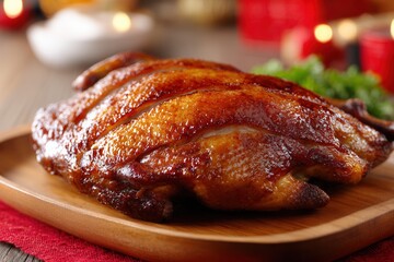 A beautifully roasted whole duck served on a wooden platter, garnished with fresh herbs. Ideal for festive meals and culinary presentations.