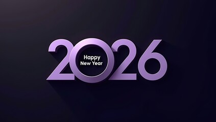 Happy New Year 2026 greeting card with modern 3D purple typography on a dark background
