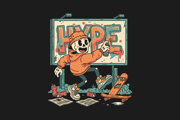 Obraz premium Skeleton character spray painting the word HYPE on a billboard.