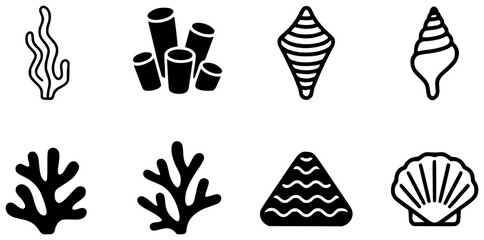 Collection of Marine Life Icons Coral, Shells, and Seaweed © simplevector