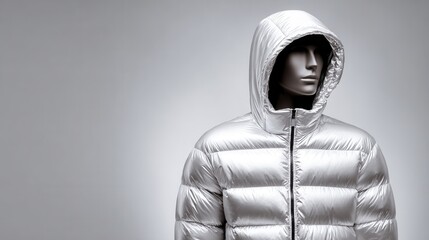 A sleek silver puffer jacket displayed on a mannequin against a neutral background, showcasing modern fashion design and winter apparel.