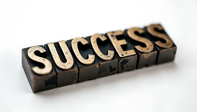 Antique letterpress type spelling the word success on a white background
