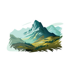 Peaceful mountain landscape with a bird flying over snowy peaks