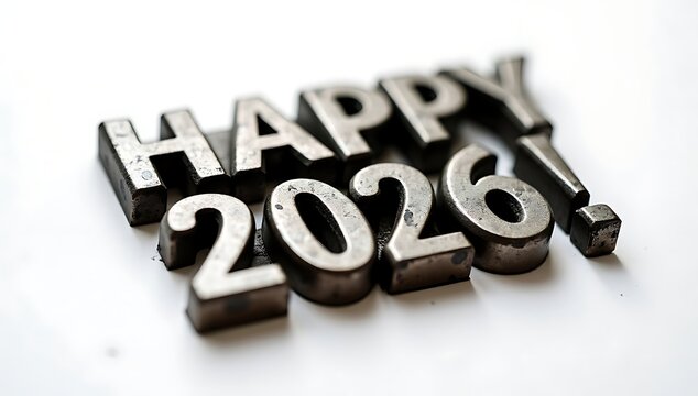 Metallic typography wishing 'Happy 2026' with an exclamation mark on a bright background