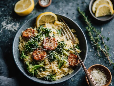 Delicious sausage and broccoli orzo in a bowl, garnished with lemon slices and parmesan cheese, perfect for a savory meal.