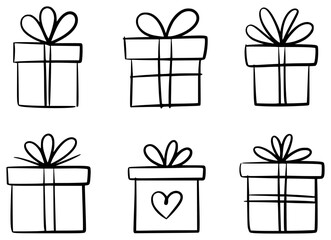 Hand-Drawn Gift Boxes with Ribbons and Bows - Set of Six