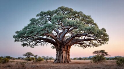 Magnificent baobab tree stands tall in the African savanna at sunset, a symbol of resilience.