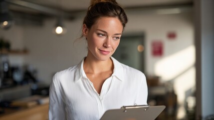 A thoughtful young woman of Caucasian descent reviews notes on a clipboard, exuding professionalism in a stylish café setting.