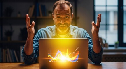 Excited middle-aged man celebrating success with glowing financial charts on laptop. Joyful entrepreneur viewing rising stock market data in home office.