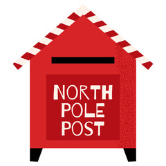 Cute flat Christmas mailbox with “North Pole Post” sign. Festive holiday element for winter cards, kids projects, Santa mail designs and seasonal decorations.