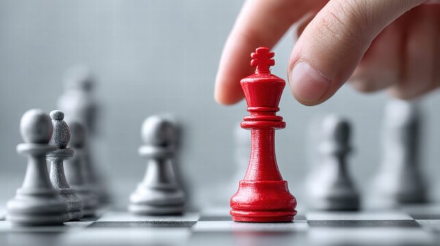 Chess strategy concept with a hand moving the red king piece.