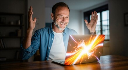 Caucasian man celebrating success and achievement on laptop. Entrepreneur happy with business growth via technology. Digital triumph concept.