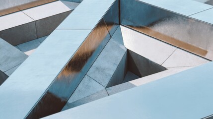 Obraz premium Abstract view of a geometric structure with reflective surfaces and angular designs in a modern setting.