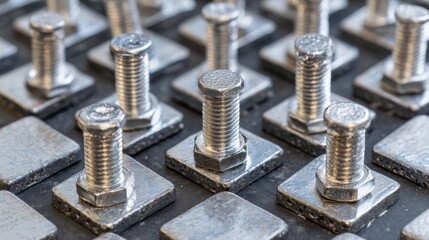 Close-up of metallic bolts and square nuts arranged in a pattern, showcasing their industrial design and shiny surfaces.
