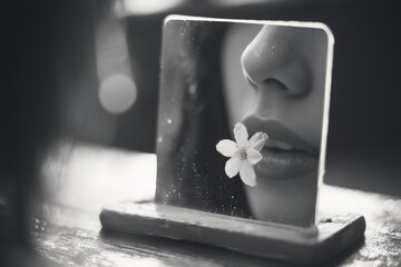 A delicate flower is placed near lips, reflected in a small mirror, creating a serene and artistic composition.