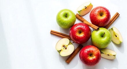 Fresh red and green apples with cinnamon sticks on white background
