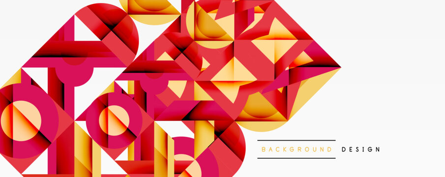 Abstract geometric shapes, vibrant reds, oranges, purples. Modern design creates dynamic visual texture. Background suggests depth, complexity.