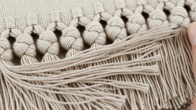 Close-up of Hand-Knotted Macrame Fringe Detail on a Textile.
