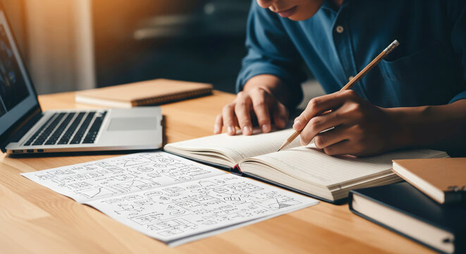 Student writing in a notebook with a pencil at a desk with a laptop and books