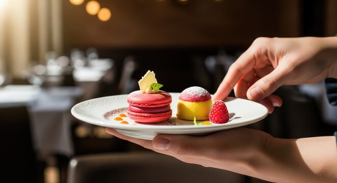 Elegant dessert plate with macarons and raspberry served in a restaurant - Powered by Adobe