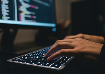 Hands typing on a backlit keyboard with code displayed on a computer screen