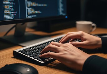 Close up of hands typing on a keyboard with computer code on the screen