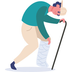 Elderly man with a broken leg and cane walking with support wearing beige pants and teal shirt on transparent background medical illustration