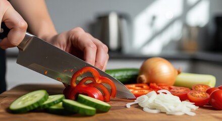 Chef slicing fresh red bell pepper on a wooden cutting board in the kitchen