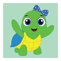 Cheerful cartoon baby turtle with a blue bow happily waving on a soft green background
