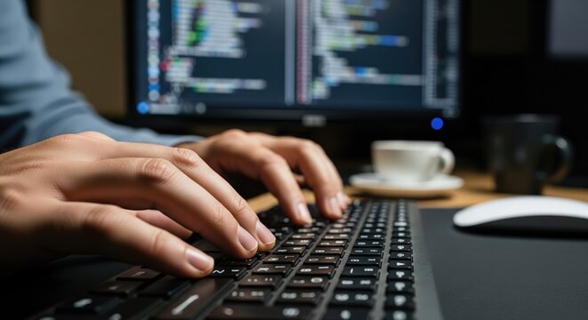 Close up of hands typing on a keyboard with code on a computer screen