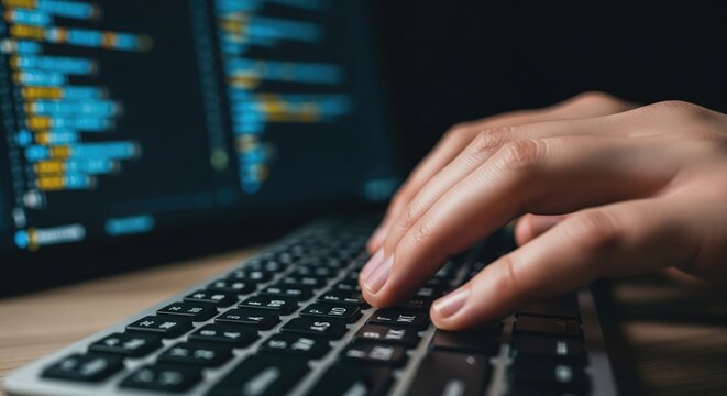 Close up of hands typing on a laptop keyboard with code on the screen - Powered by Adobe
