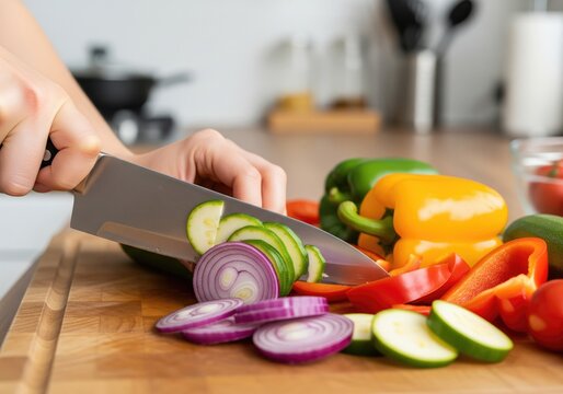 Close up of a person slicing fresh vegetables on a wooden cutting board
