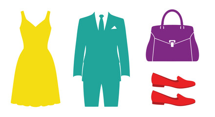 Stylized illustrations of clothing items dress suit handbag and shoes