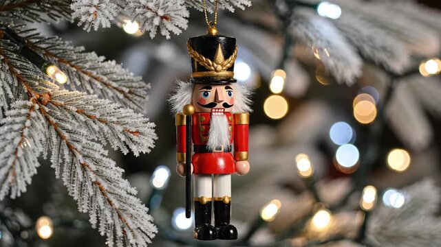 A vibrant nutcracker ornament hangs gracefully from a snow-dusted branch. Sparkling lights twinkle in the background, filling the space with holiday joy and cheer.