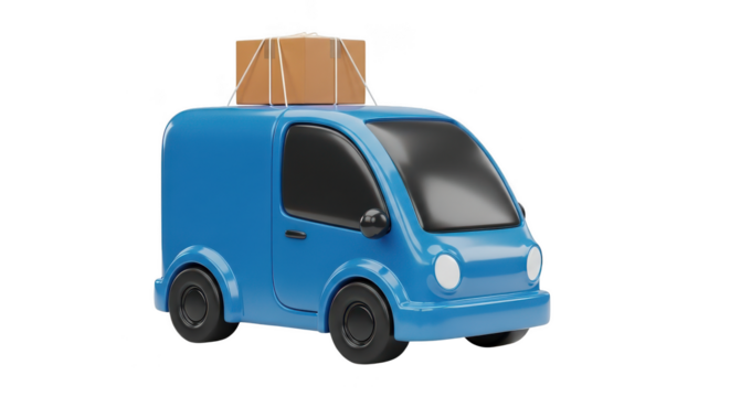 Blue van with a box on top of it. isolated illustration on  transparent background PNG
