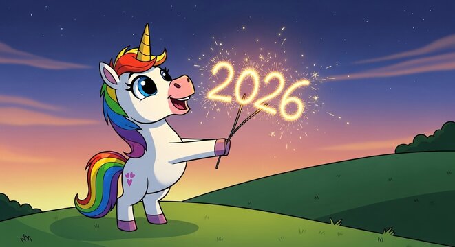 Cartoon unicorn holding sparklers with 2026 isolated on