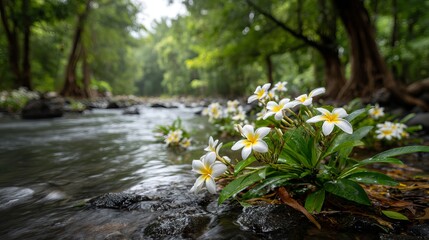 White and yellow frangipani flowers by clear tropical forest stream with green mossy rocks serene spa nature background for relaxation and wellness concepts