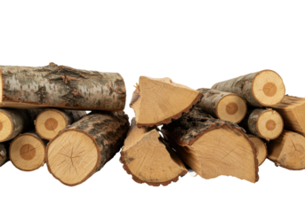 A low angle medium close-up of a meticulously stacked pile of freshly chopped birch and oak firewood logs with deep rough bark texture, against a seamless transparent background. Concept of