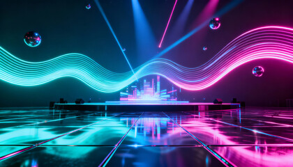 Vibrant Abstract Stage Design with Neon Lights and Reflections